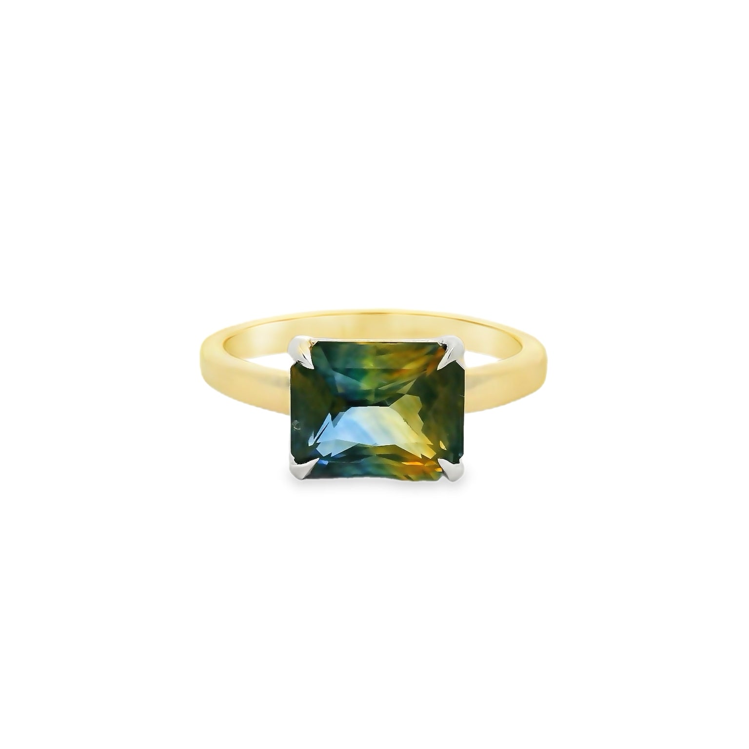 14KT yellow two tone gold east west bicolor sapphire solitaire engagement ring