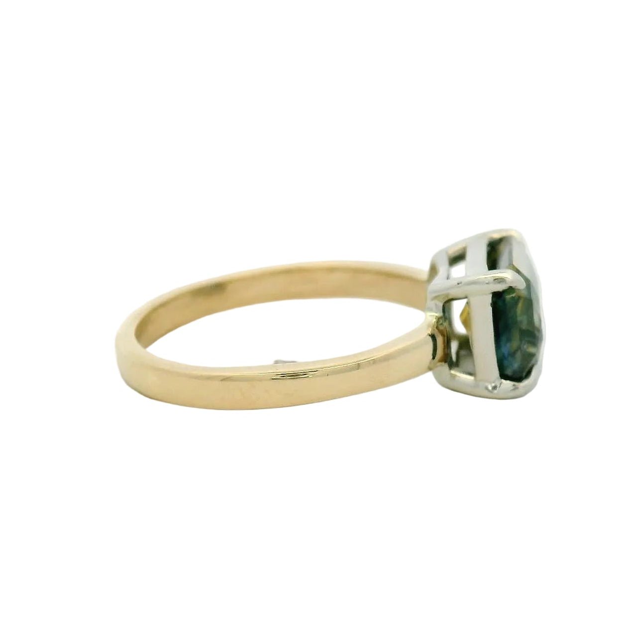 14KT yellow two tone gold east west bicolor sapphire solitaire engagement ring