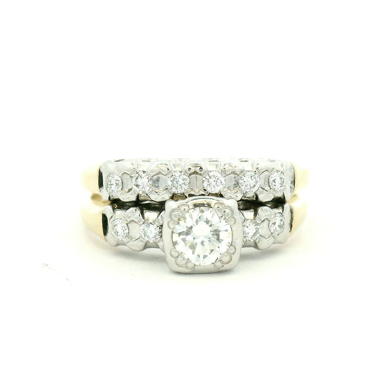 14K Two Tone Wedding set Yellow Gold Multistone Ring with Round Cut Diamonds
