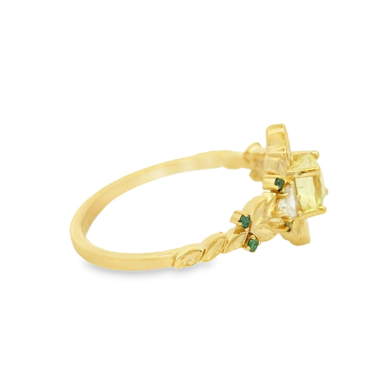 14K Yellow Gold Green Sapphire and Diamond Engagement Ring