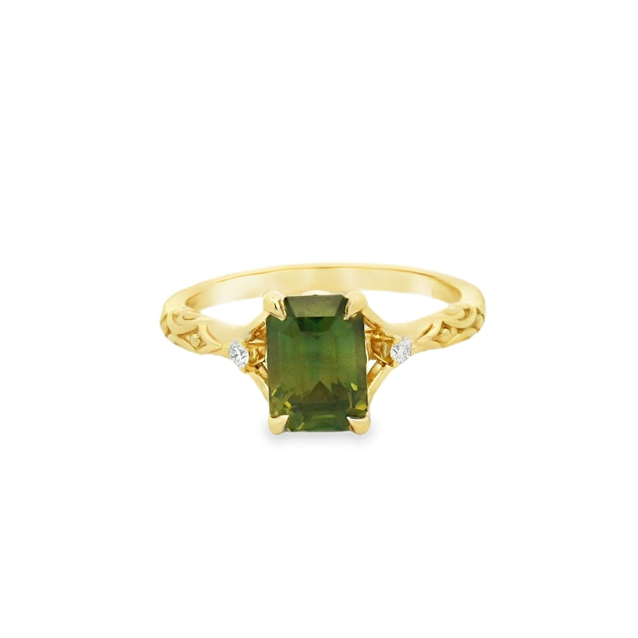 Yellow Gold Solitaire Ring with Princess Cut Green Sapphire