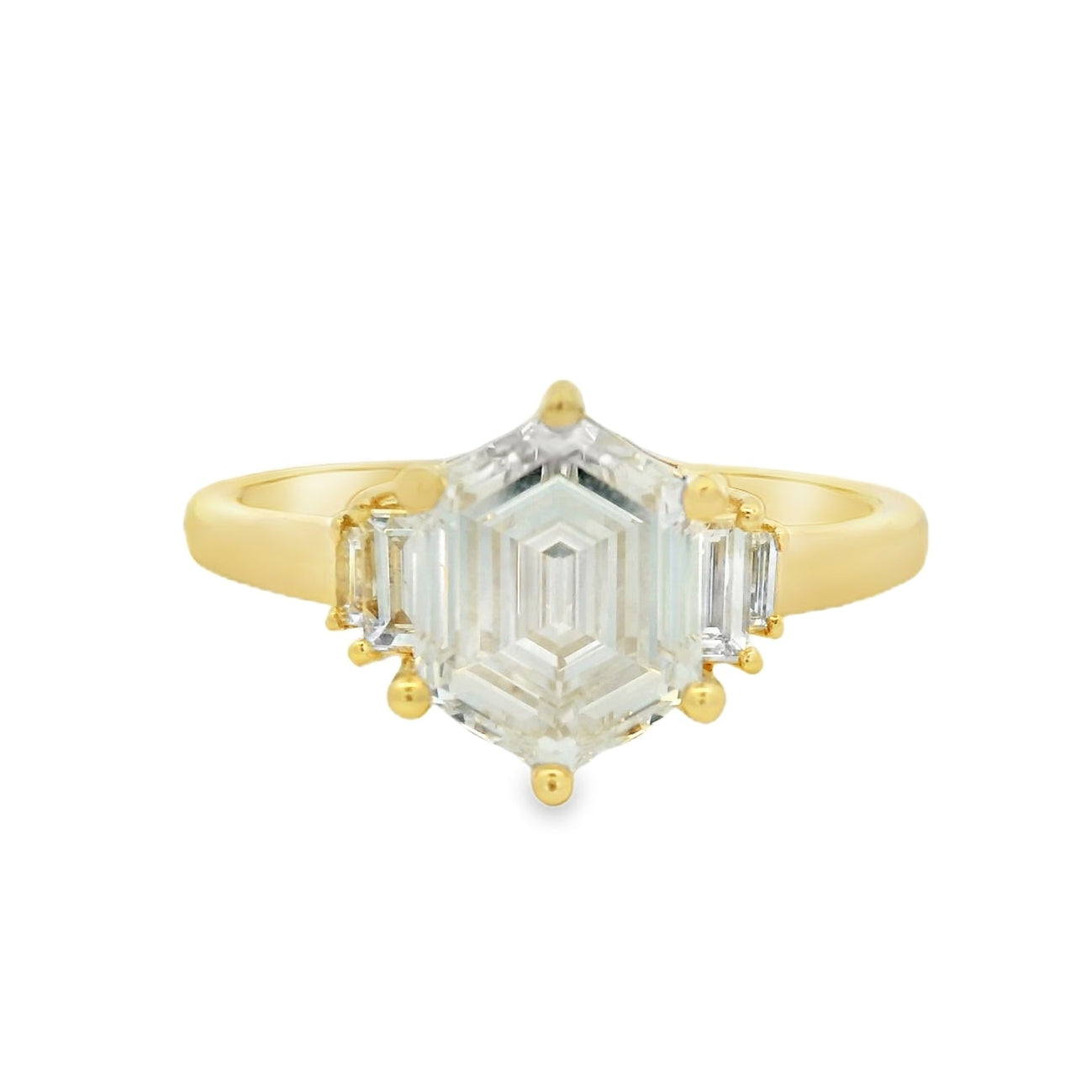 14K Yellow Gold Hexagon and Baguette Lab Grown Diamond Ring