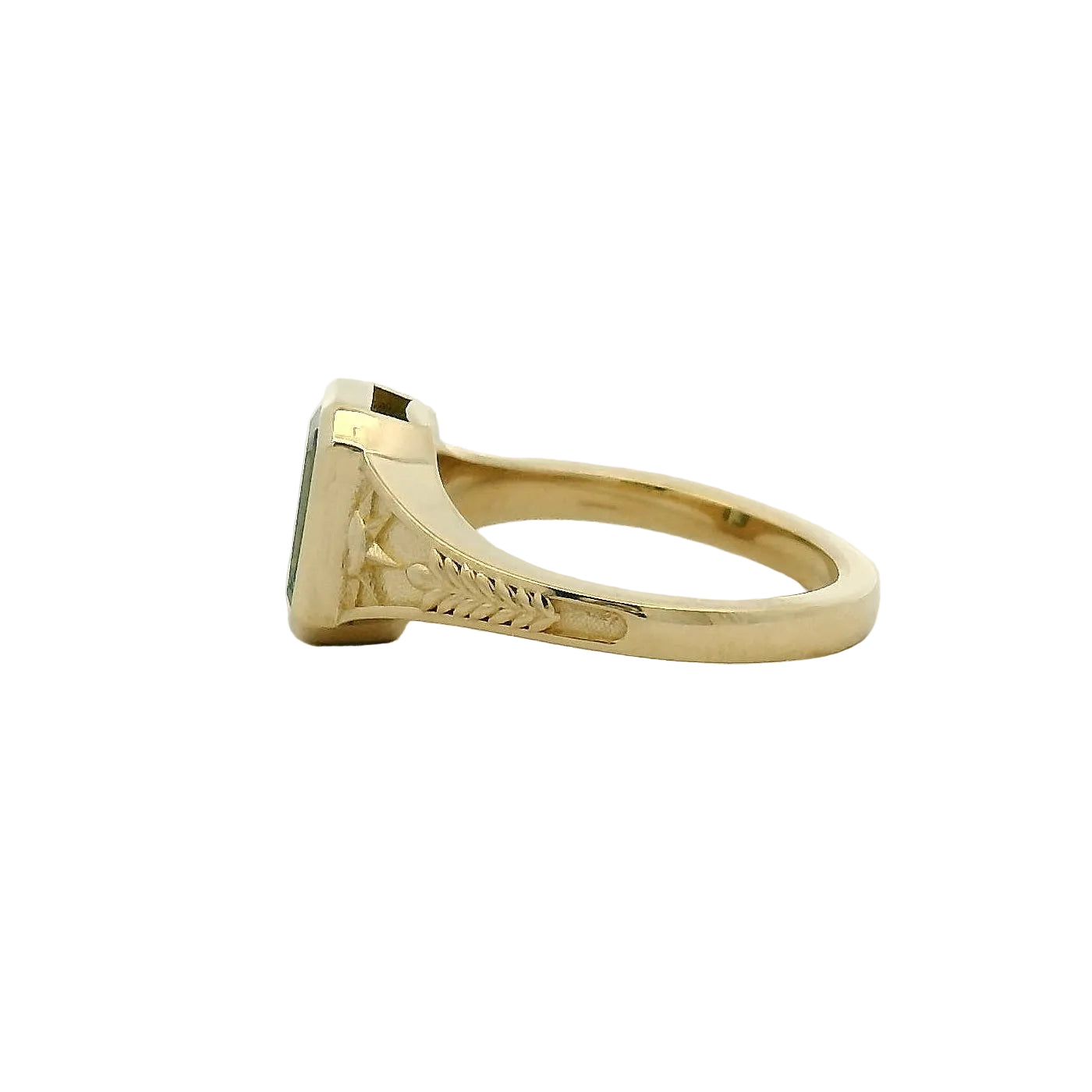 Celestial Engraved Yellow Gold Green Sapphire Solitaire Ring