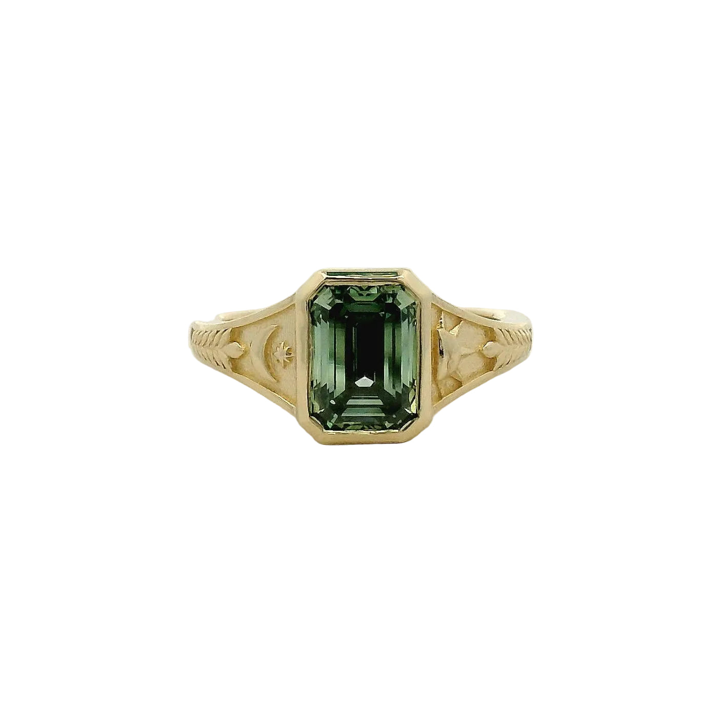 Celestial Engraved Yellow Gold Green Sapphire Solitaire Ring