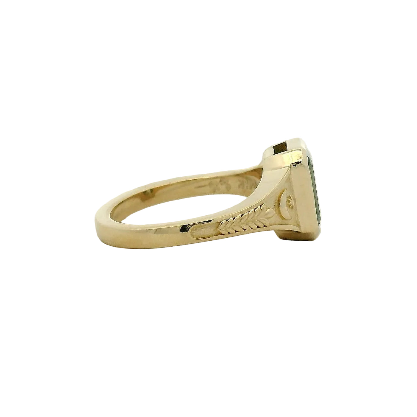 Celestial Engraved Yellow Gold Green Sapphire Solitaire Ring