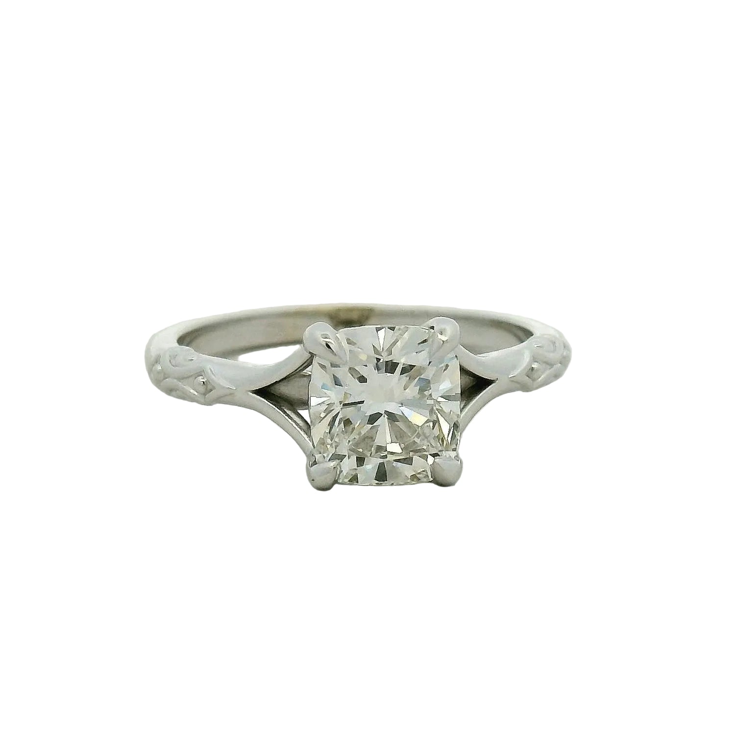 Cushion Cut Diamond Split Shank Solitaire Ring, White Gold