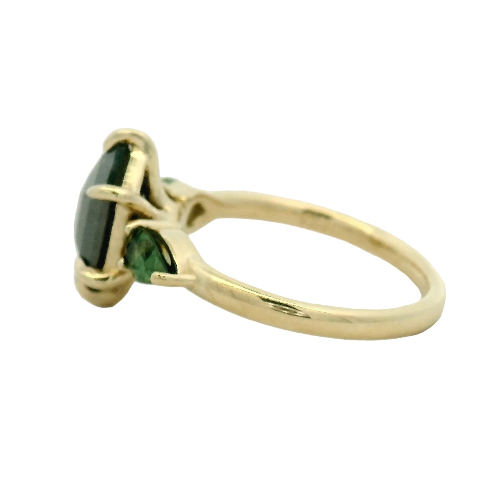 Hexagon Grey Center and Emerald Three-Stone Ring — Yellow Gold