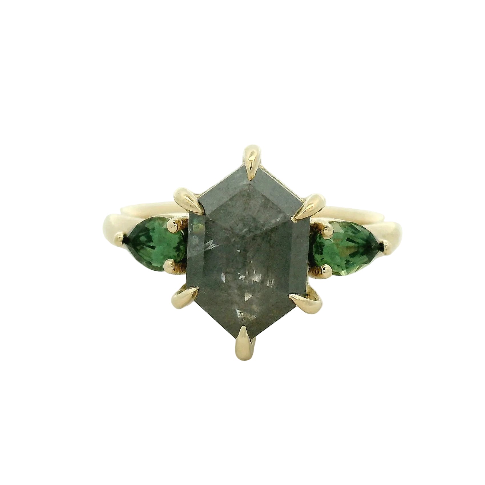 Hexagon Grey Center and Emerald Three-Stone Ring — Yellow Gold