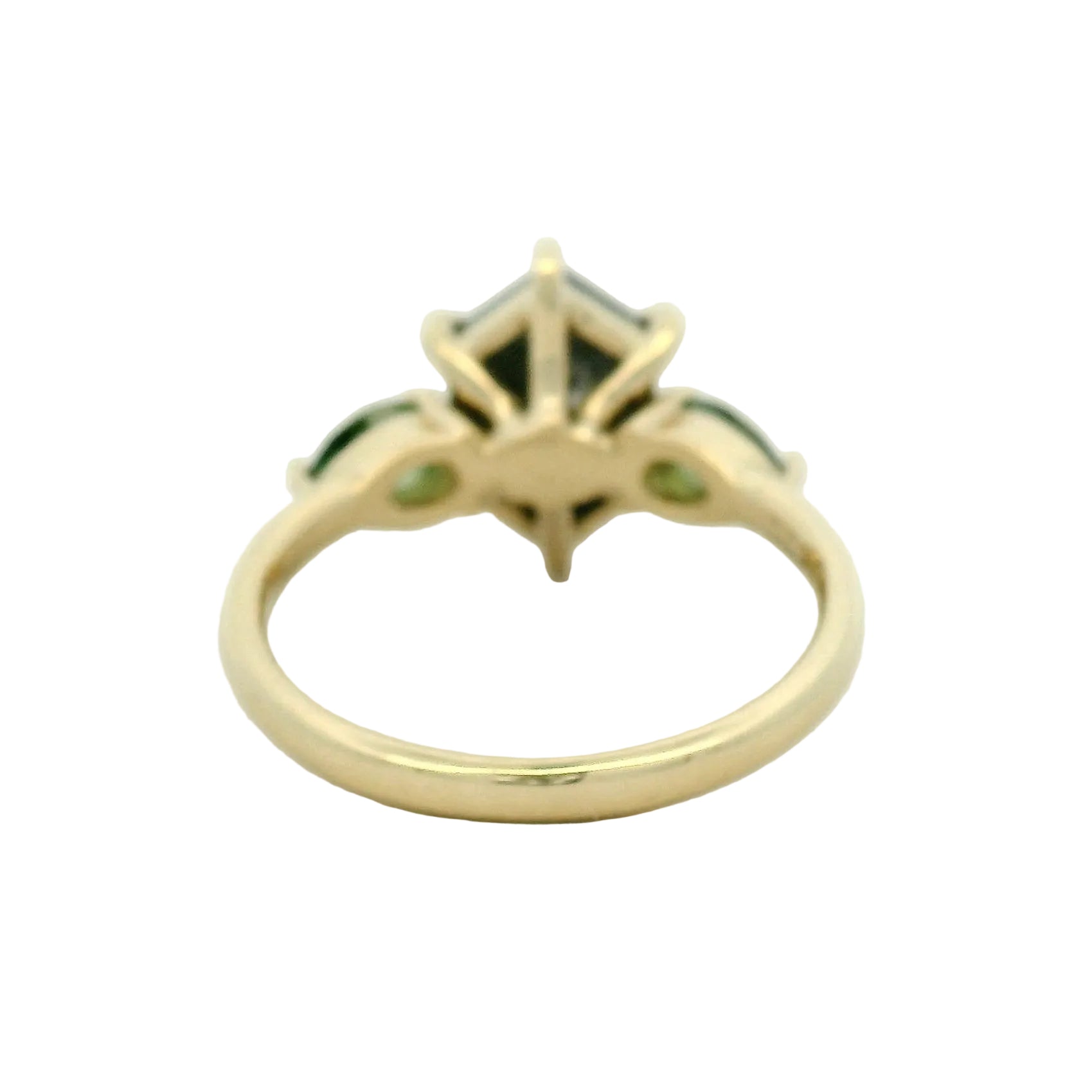 Hexagon Grey Center and Emerald Three-Stone Ring — Yellow Gold