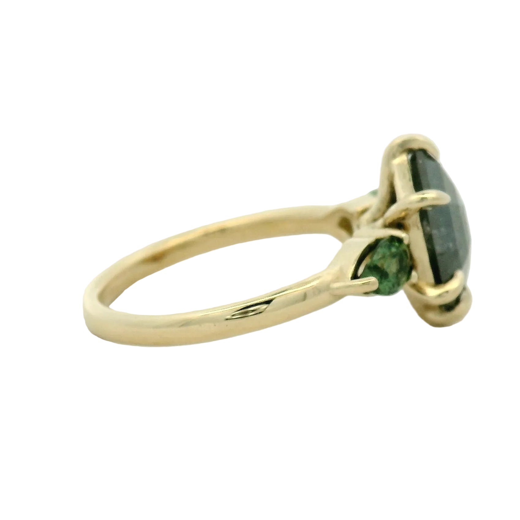 Hexagon Grey Center and Emerald Three-Stone Ring — Yellow Gold