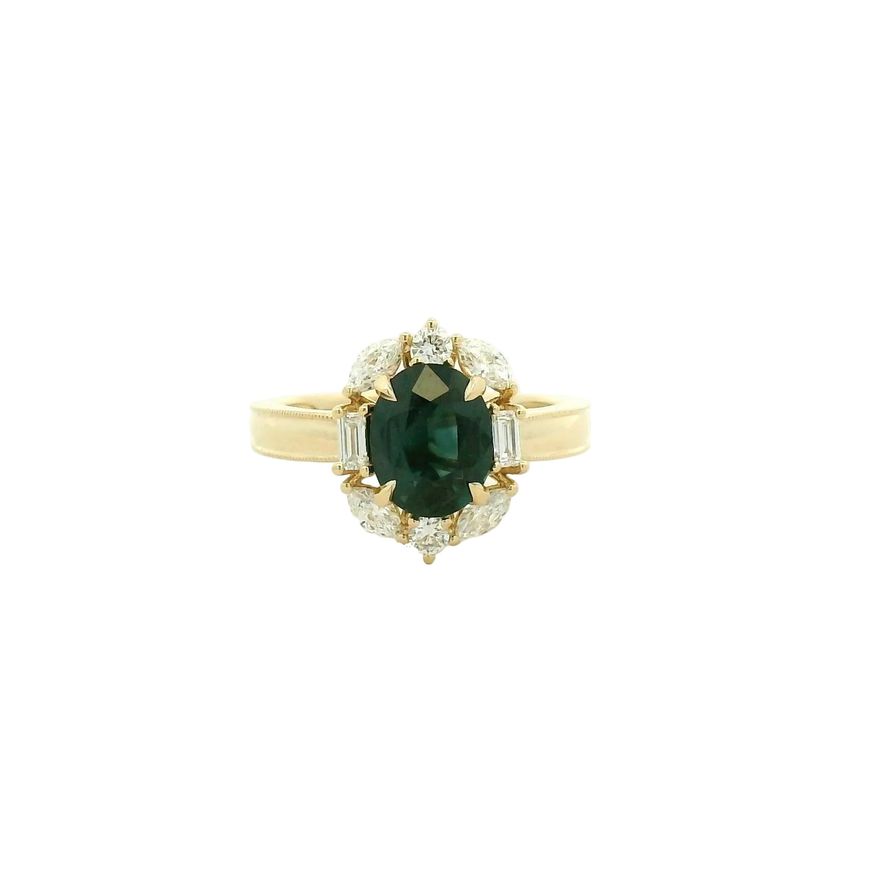 Yellow Gold Forest Green Sapphire Halo Cocktail Ring