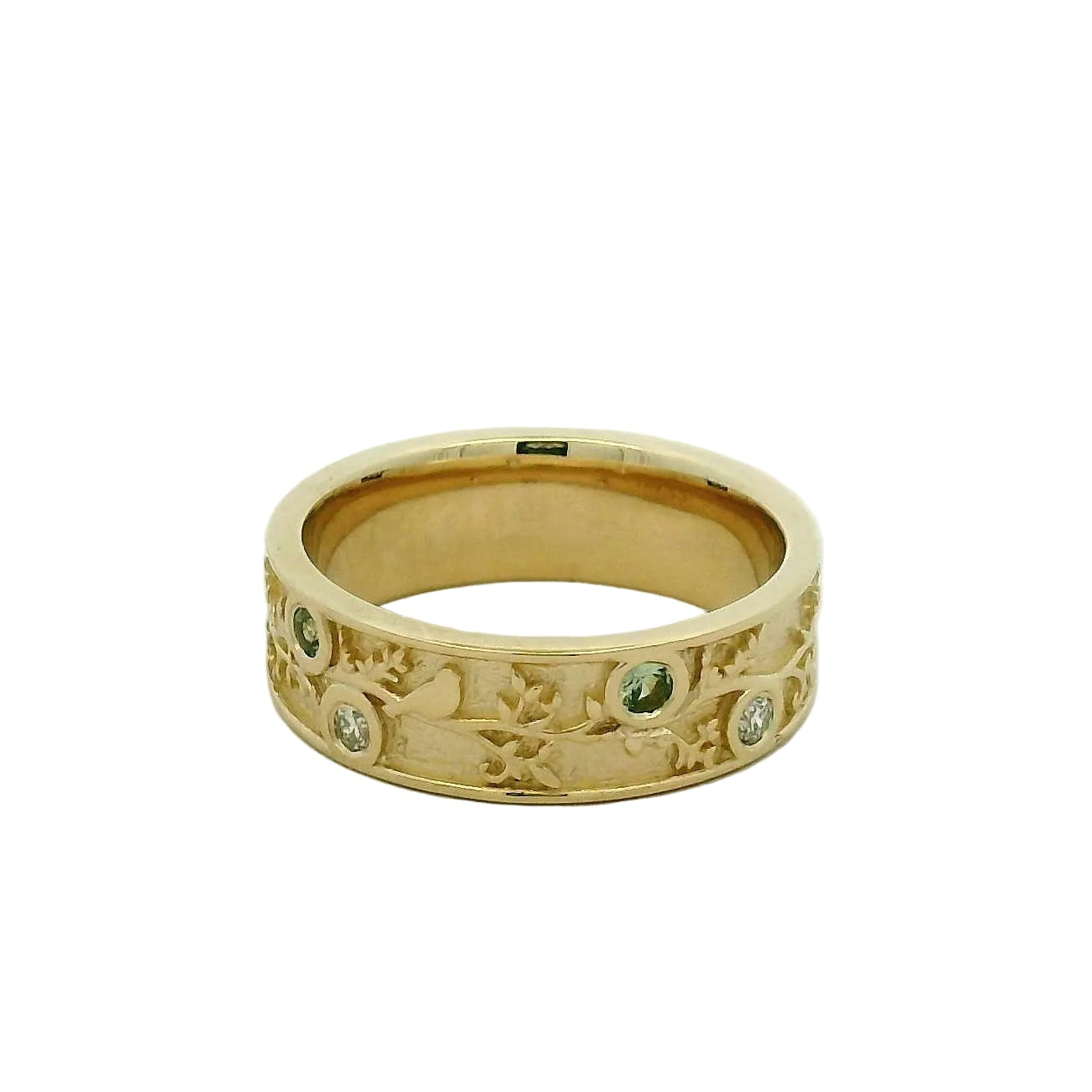 Yellow Gold Bird and Vine Motif Emerald Band Ring