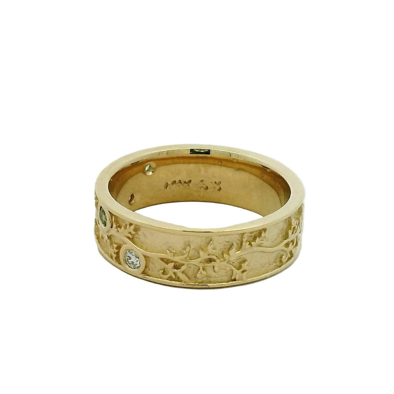 Yellow Gold Bird and Vine Motif Emerald Band Ring