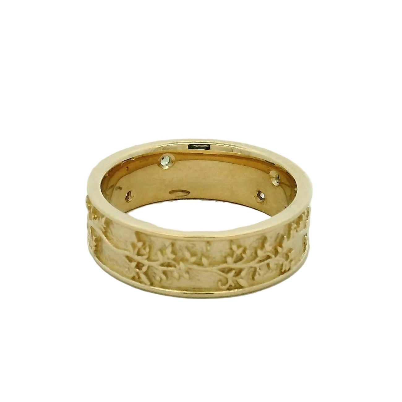 Yellow Gold Bird and Vine Motif Emerald Band Ring