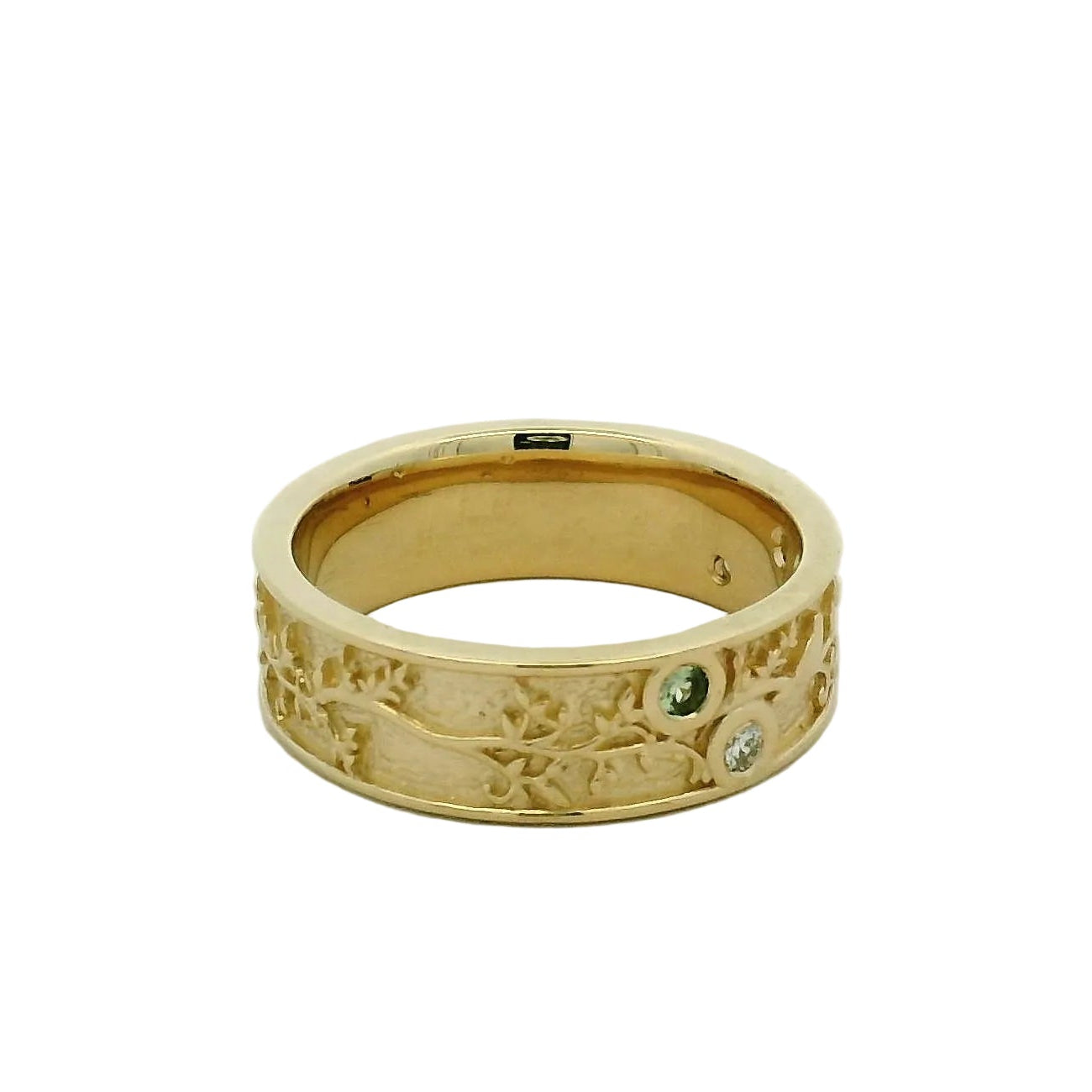 Yellow Gold Bird and Vine Motif Emerald Band Ring