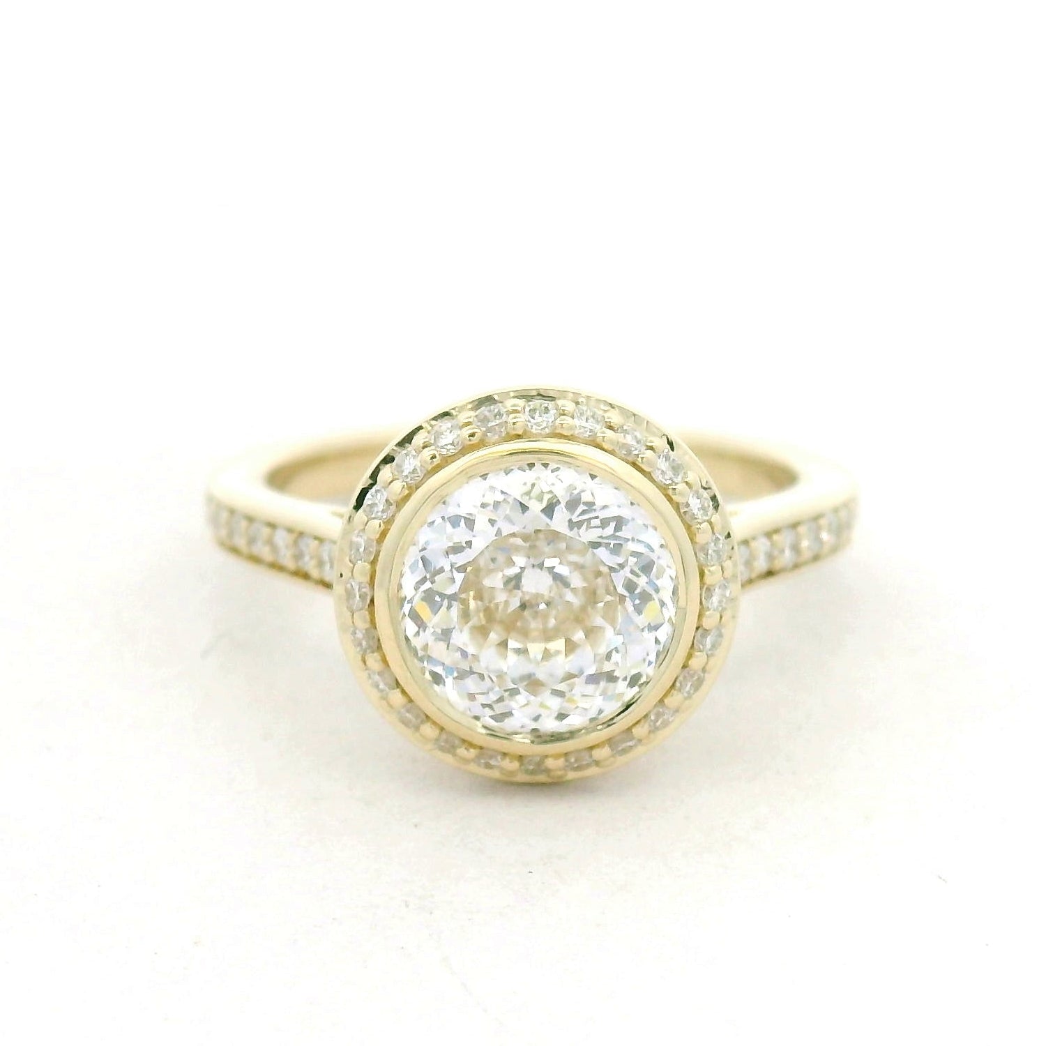 Yellow Gold Diamond Bezel-Set Halo Solitaire Ring