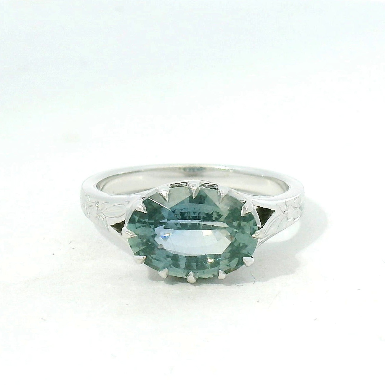 Mint Green Sapphire Solitaire Ring with Engraved White Gold Band