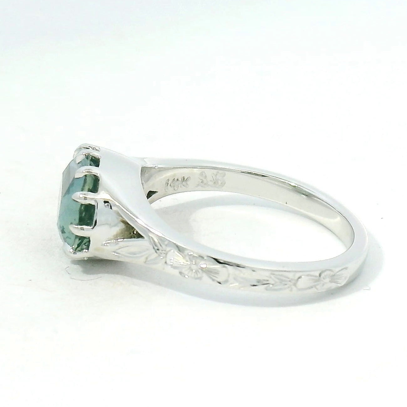 Mint Green Sapphire Solitaire Ring with Engraved White Gold Band