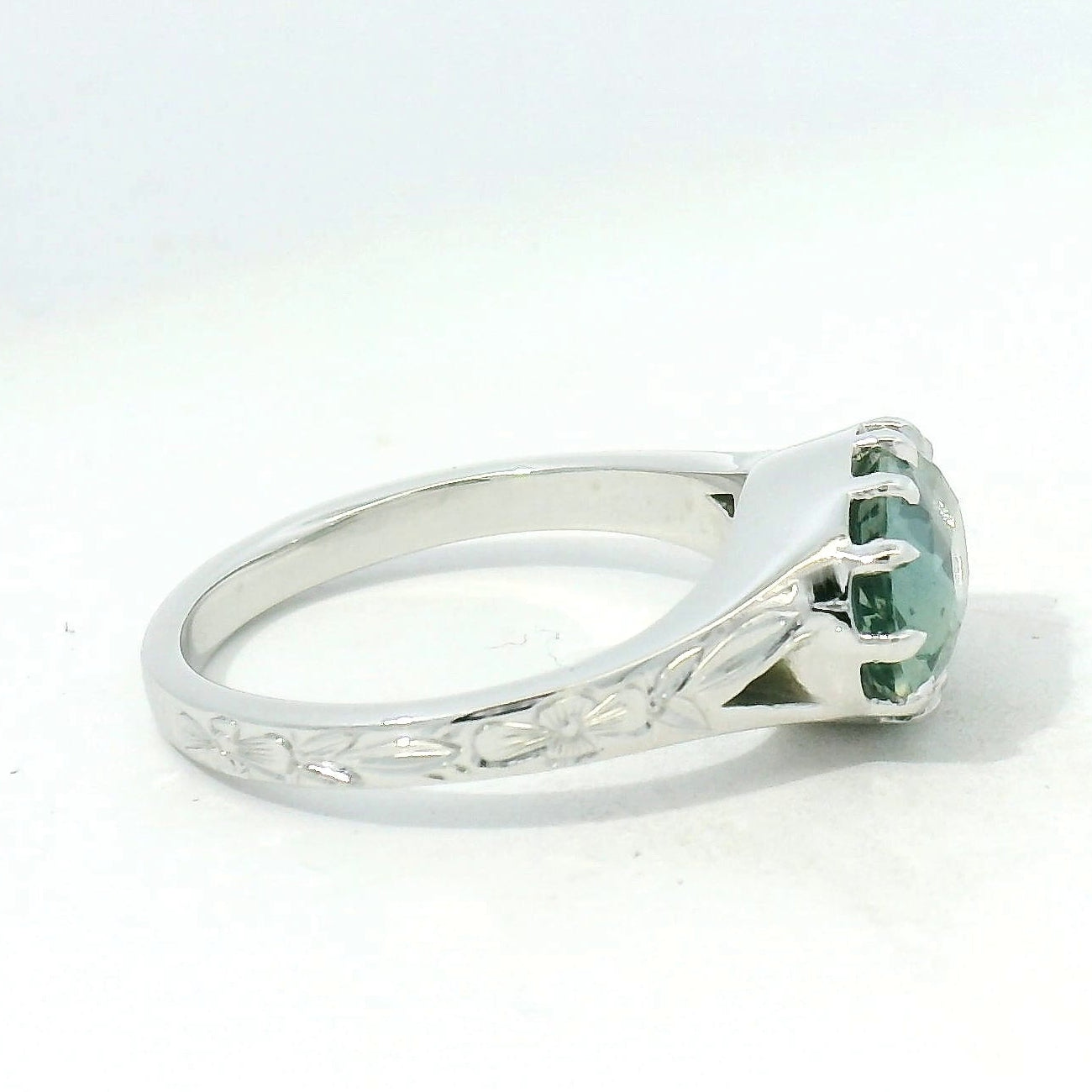 Mint Green Sapphire Solitaire Ring with Engraved White Gold Band