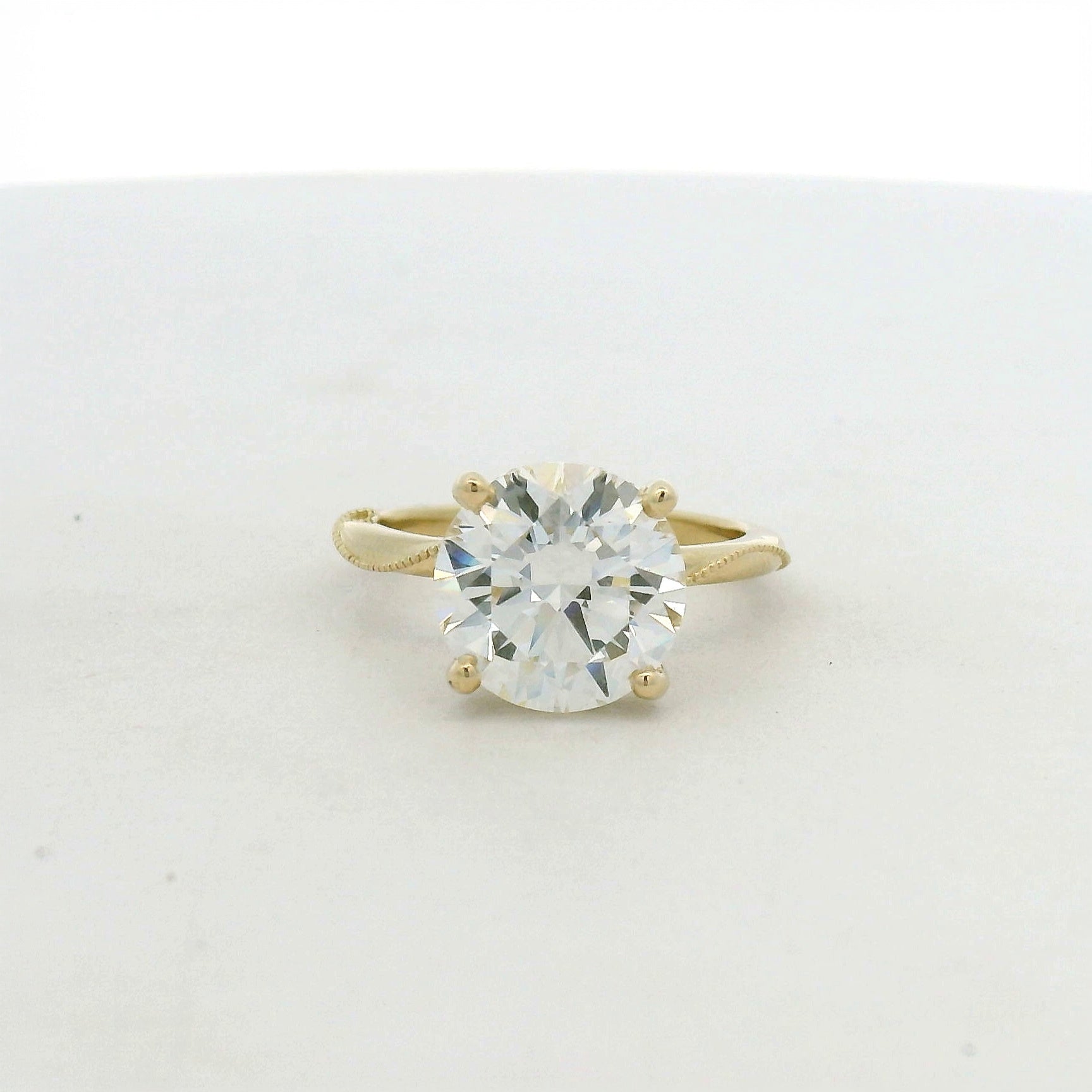 Yellow Gold Round Diamond Solitaire Ring with Milgrain Shoulders