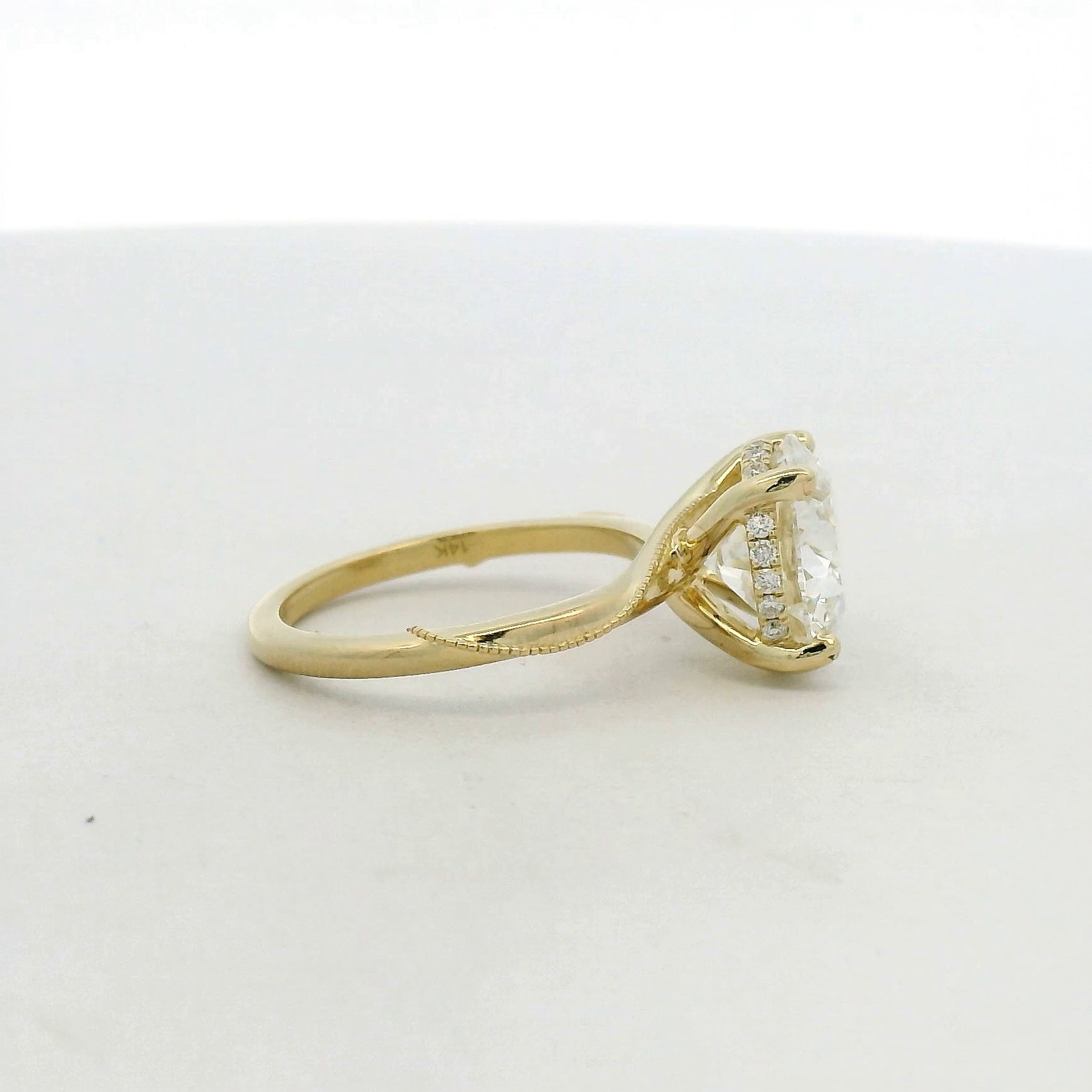 Yellow Gold Round Diamond Solitaire Ring with Milgrain Shoulders