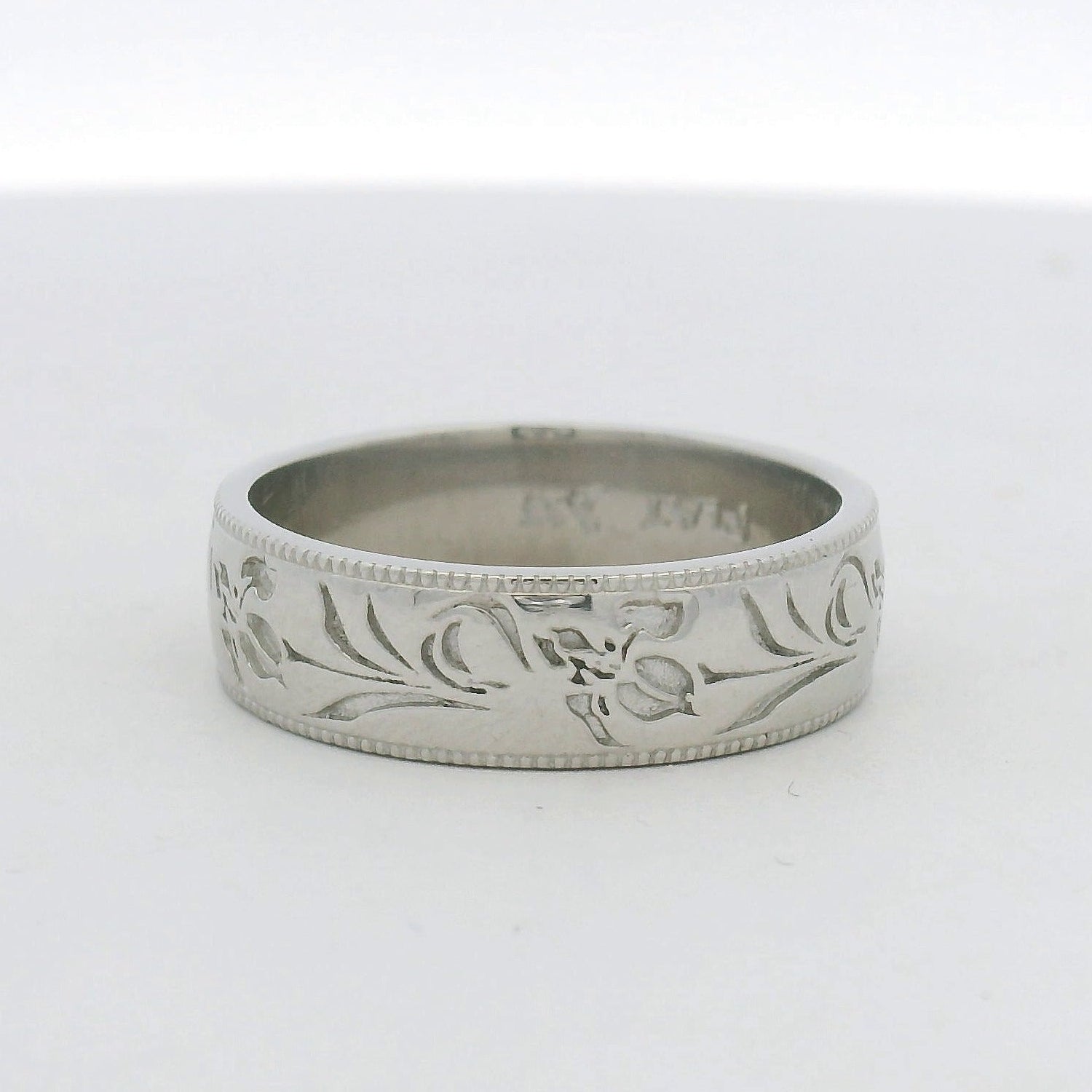 Floral Engraved Platinum Band Ring with Milgrain Edges