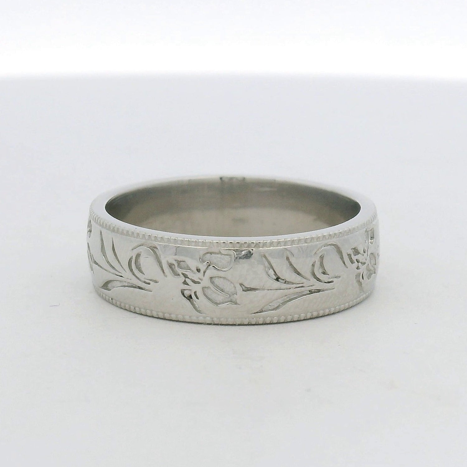 Floral Engraved Platinum Band Ring with Milgrain Edges