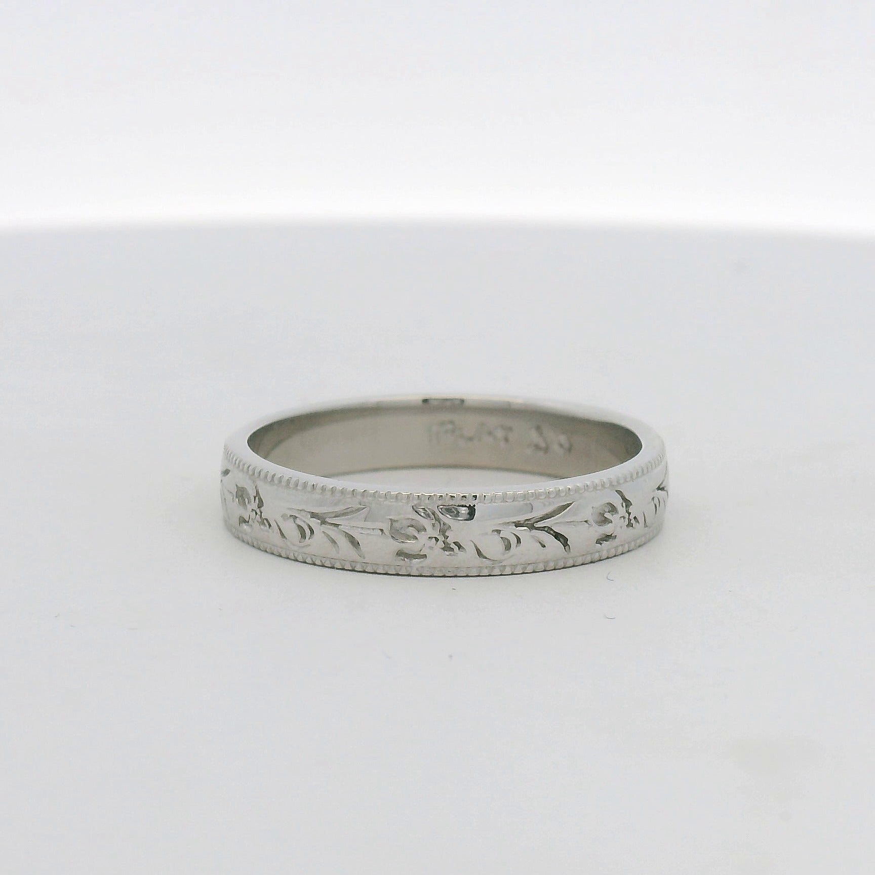 Engraved Floral Platinum Band Ring with Milgrain Edges