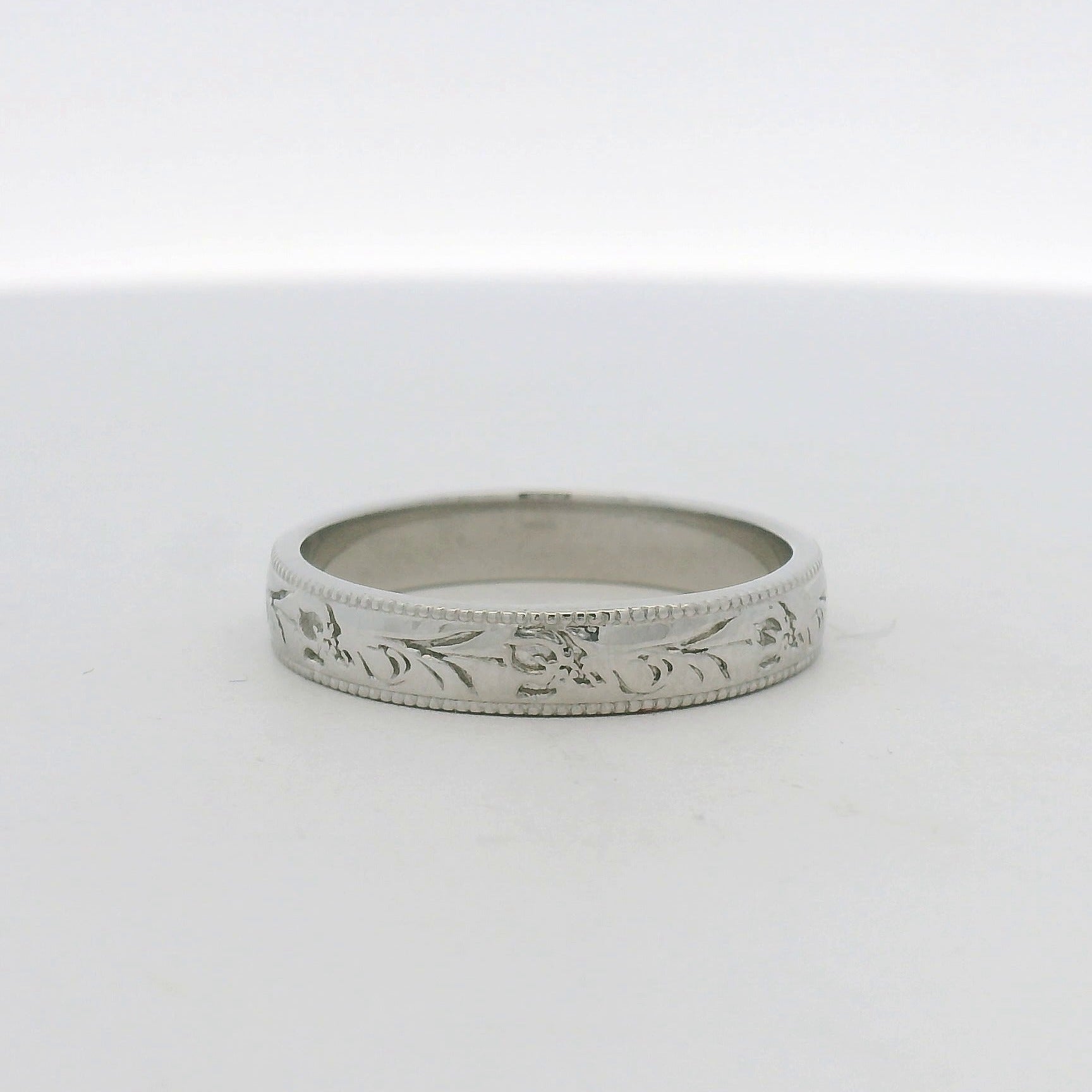 Engraved Floral Platinum Band Ring with Milgrain Edges