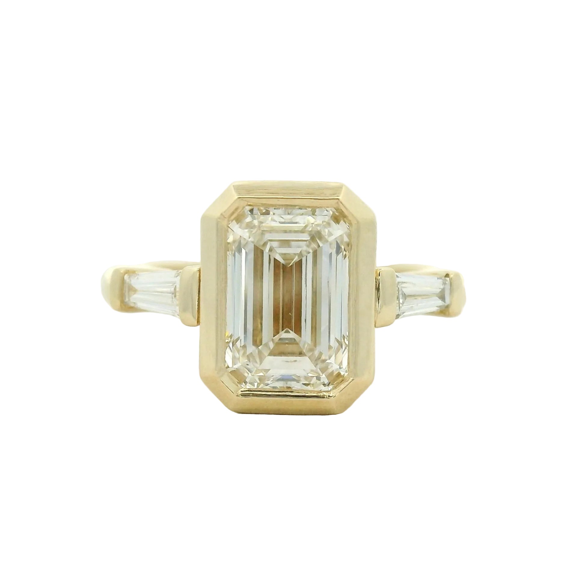 14KYG Bezel Set LG Emerald Cut 3 Stone Engagement Ring