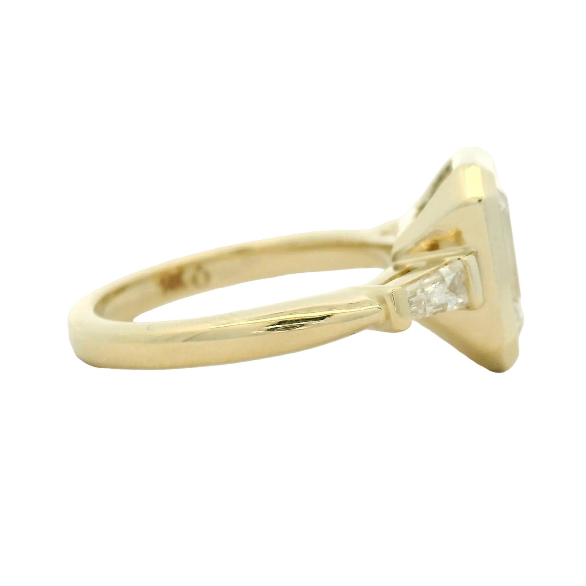 14KYG Bezel Set LG Emerald Cut 3 Stone Engagement Ring