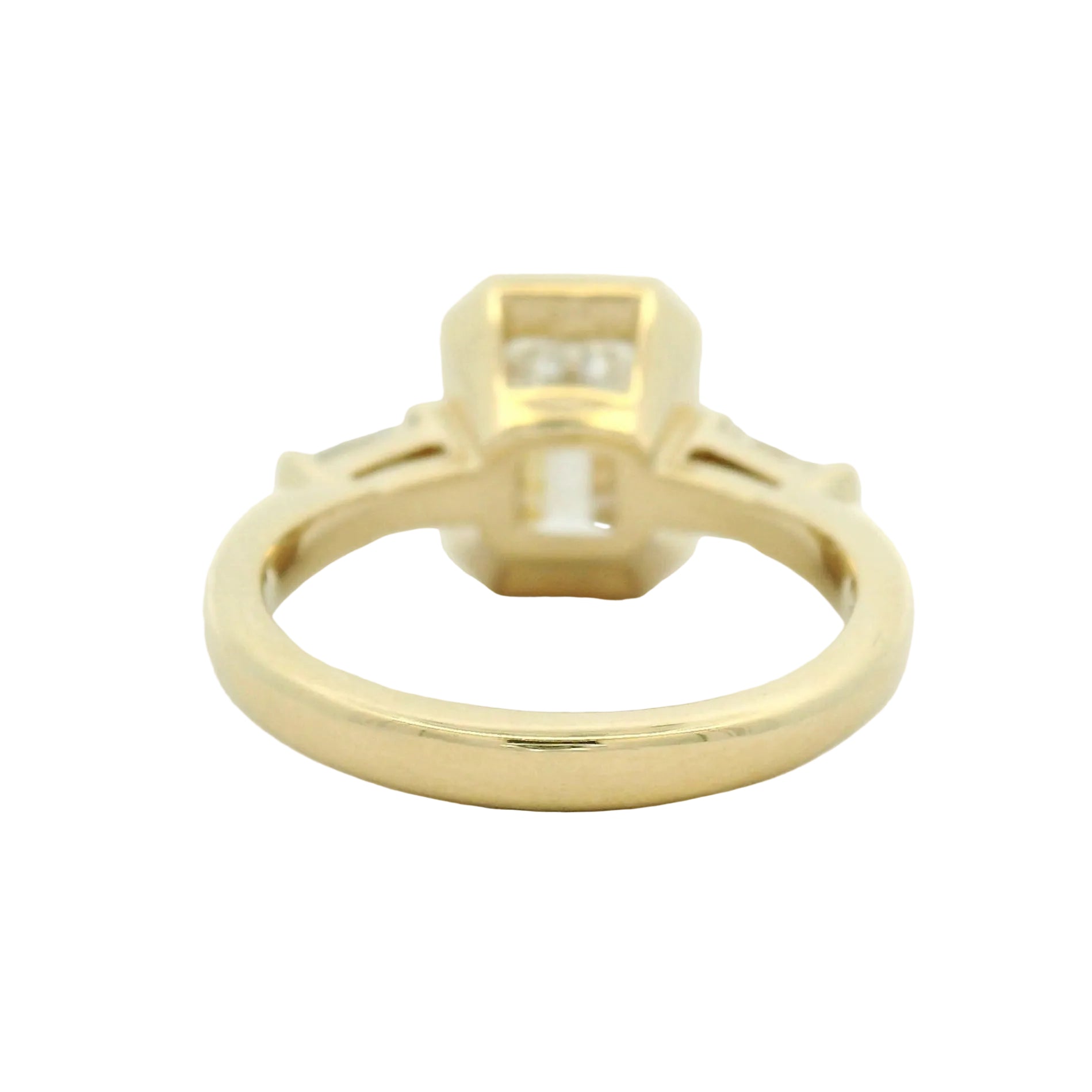 14KYG Bezel Set LG Emerald Cut 3 Stone Engagement Ring