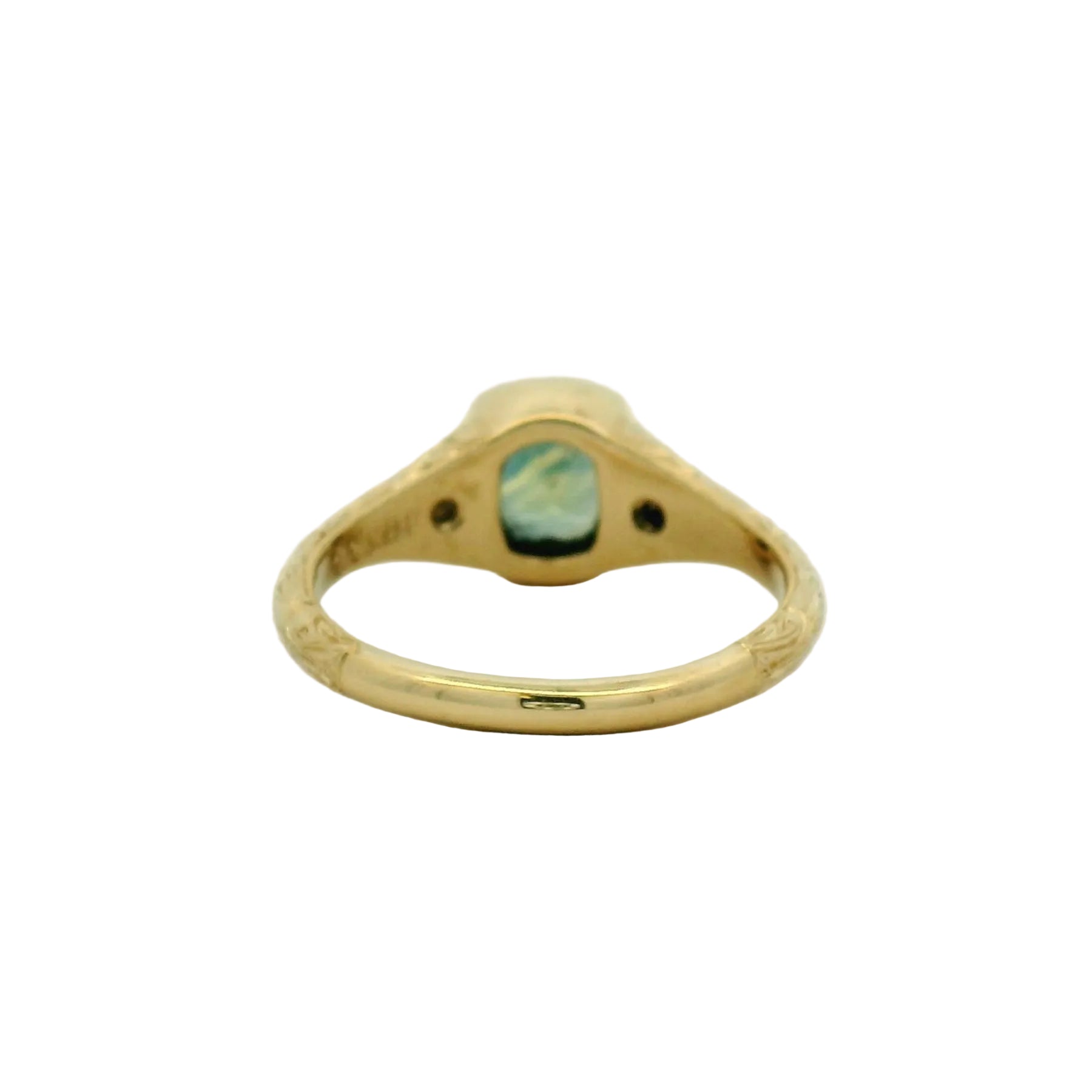 14k yg bezel cushion sapphire ring with small stones and hand engraving