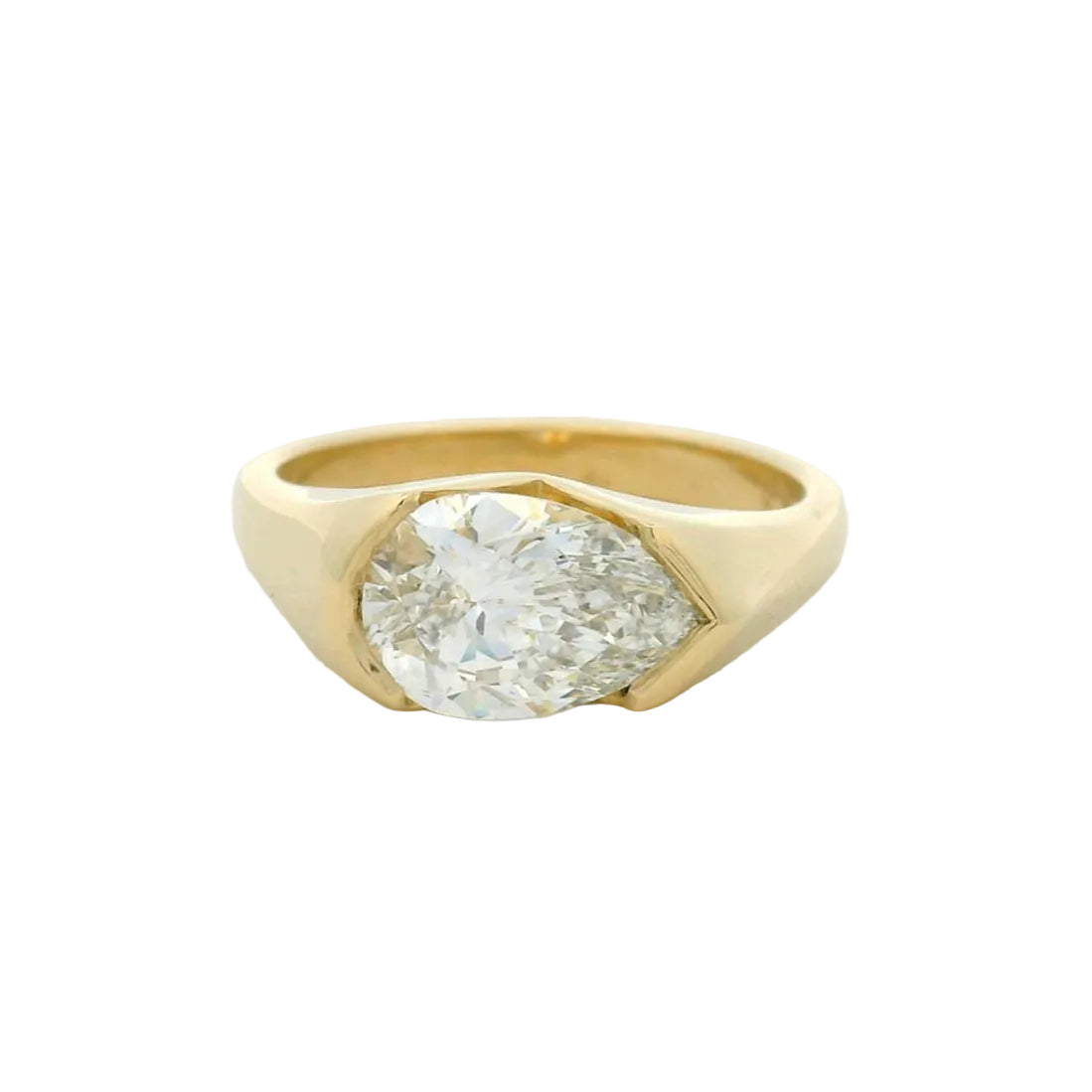 14KT yellow gold half bezel east-west pear diamond engagement ring