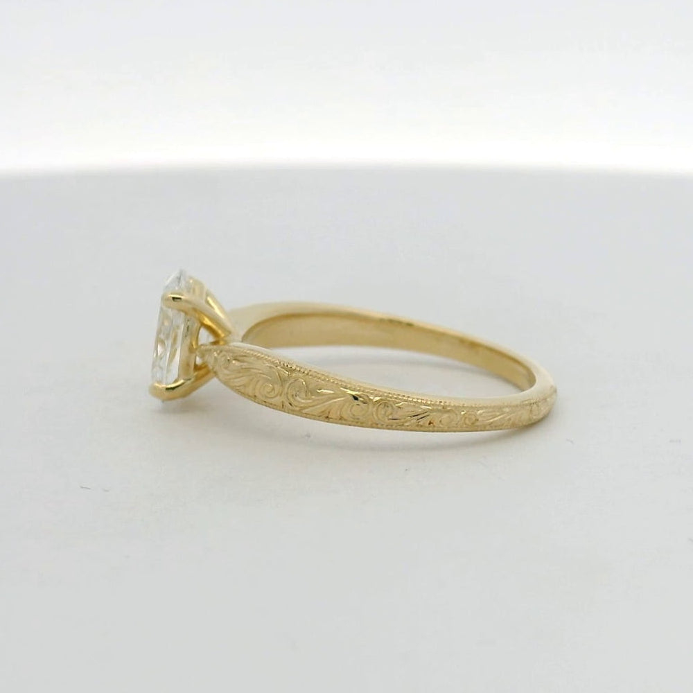 14KT yellow gold hand engraved oval diamond solitaire engagement ring