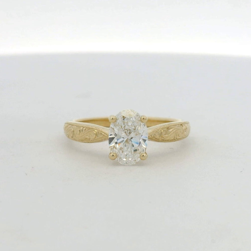 14KT yellow gold hand engraved oval diamond solitaire engagement ring