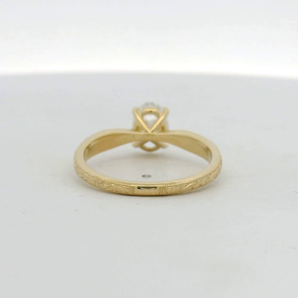 14KT yellow gold hand engraved oval diamond solitaire engagement ring