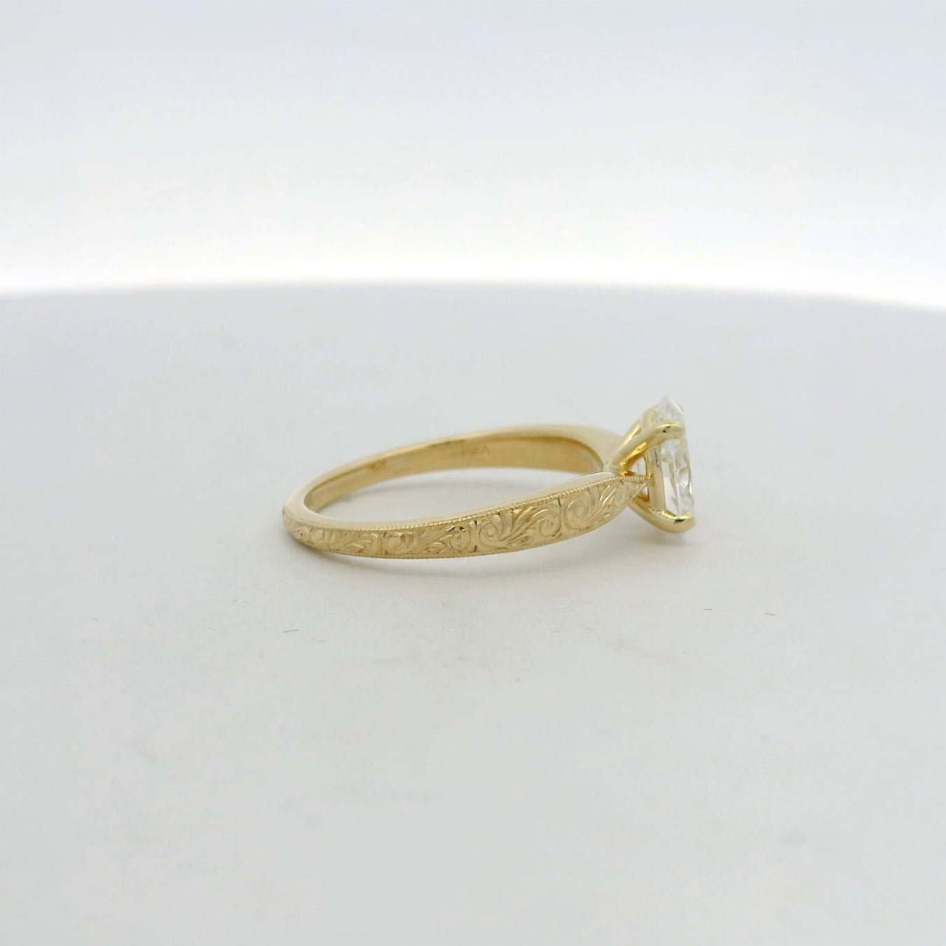 14KT yellow gold hand engraved oval diamond solitaire engagement ring
