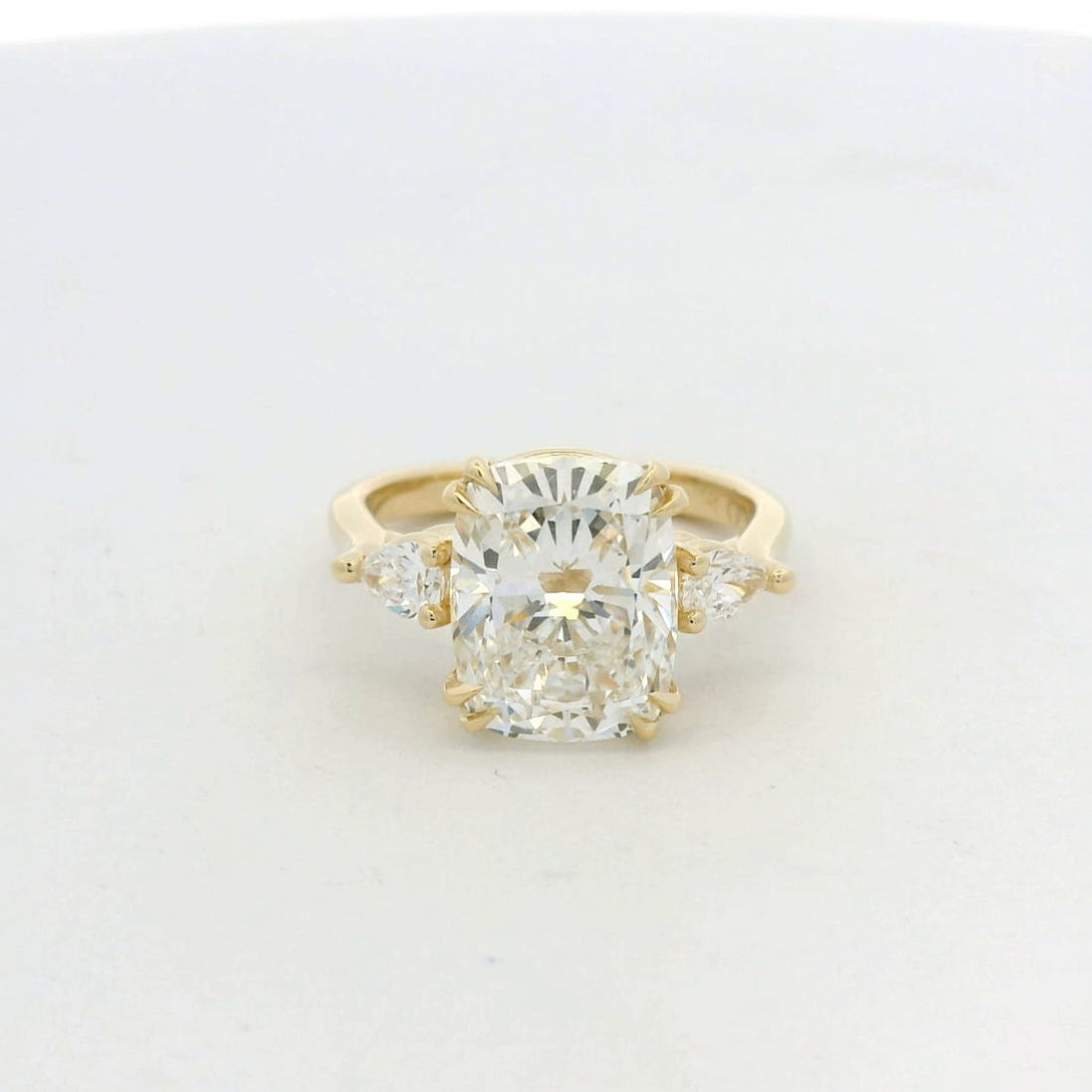 14KT Yellow Gold Three Stone Cushion Pear Engagement Ring
