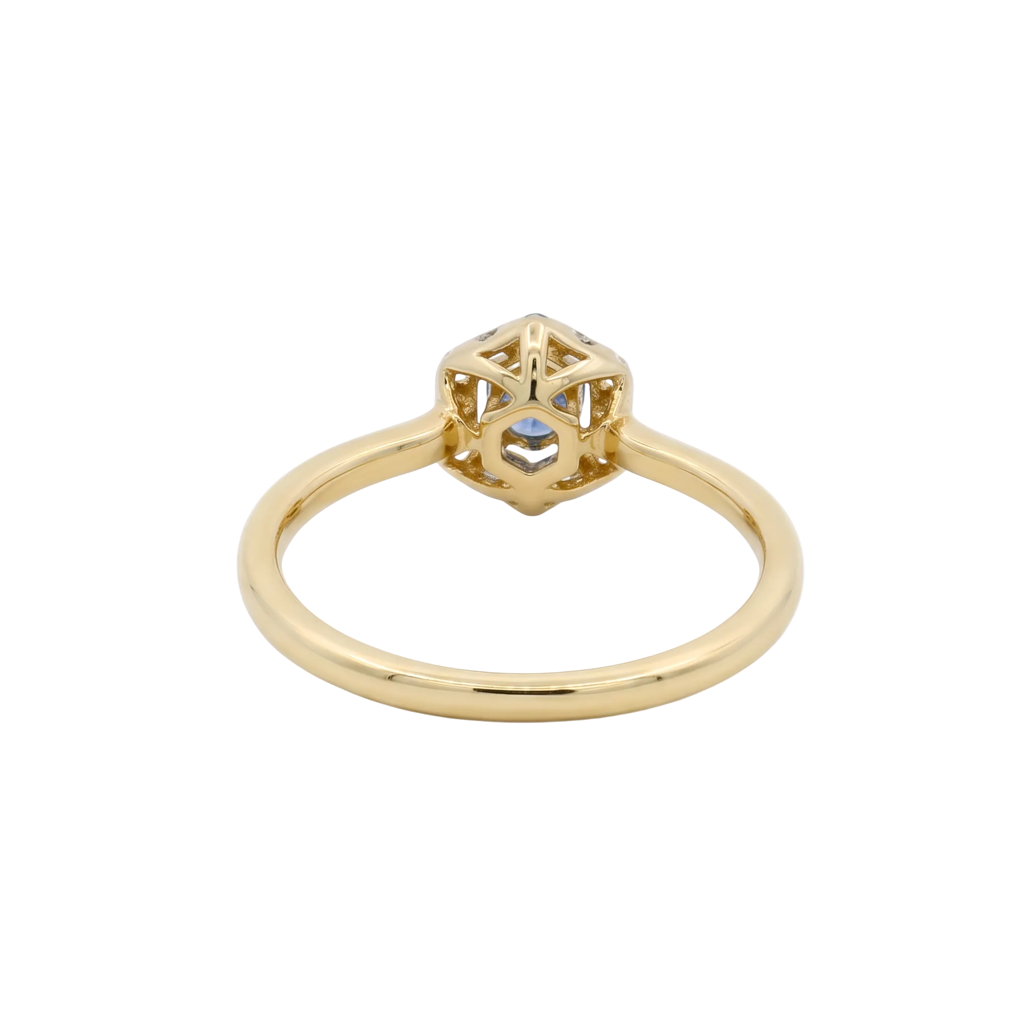 Yellow Gold Royal Blue Sapphire Hexagonal Halo Ring
