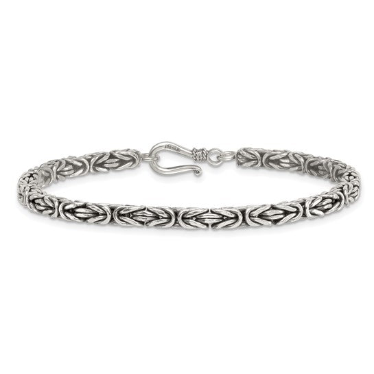 Sterling Silver Antiqued 4.0mm Byzantine 8 Inch Hook Clasp Mens Bracelet