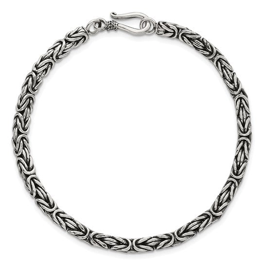 Sterling Silver Antiqued 4.0mm Byzantine 8 Inch Hook Clasp Mens Bracelet