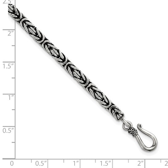Sterling Silver Antiqued 4.0mm Byzantine 8 Inch Hook Clasp Mens Bracelet