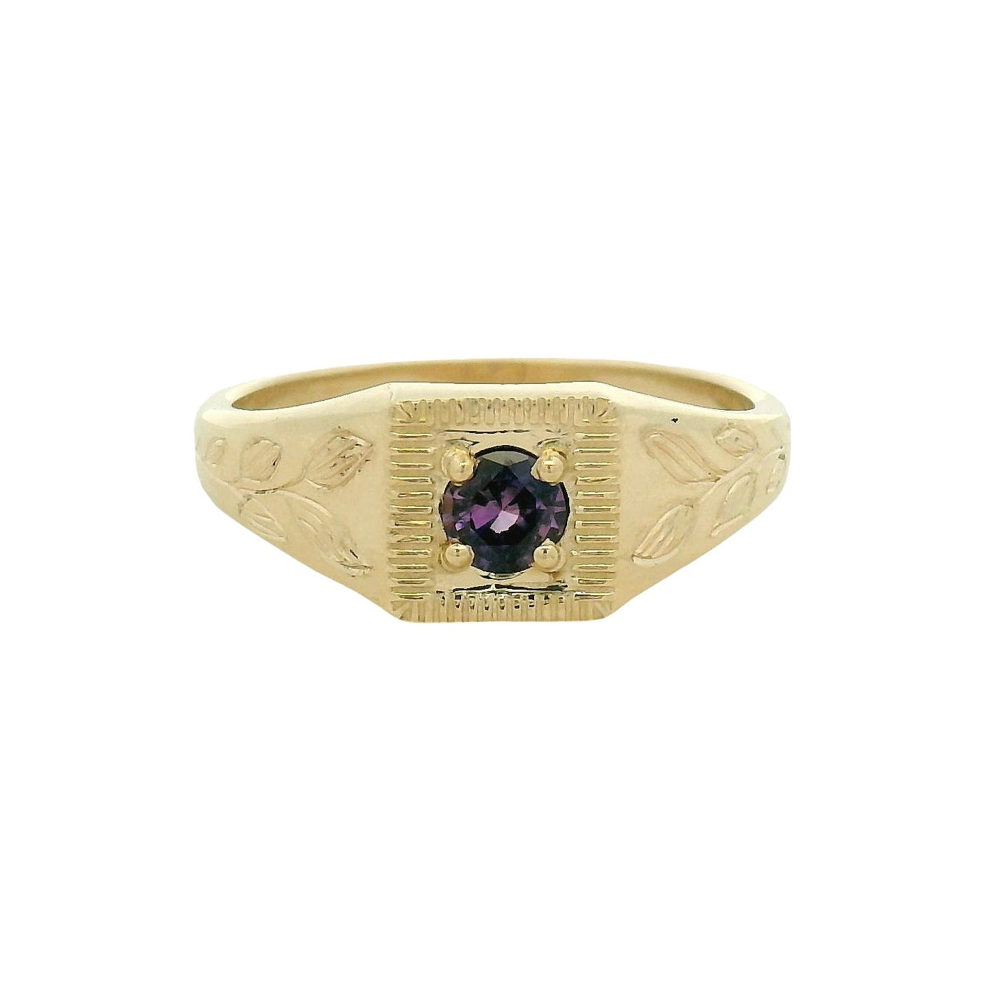 Yellow Gold Amethyst Signet Ring with Leaf Engraving