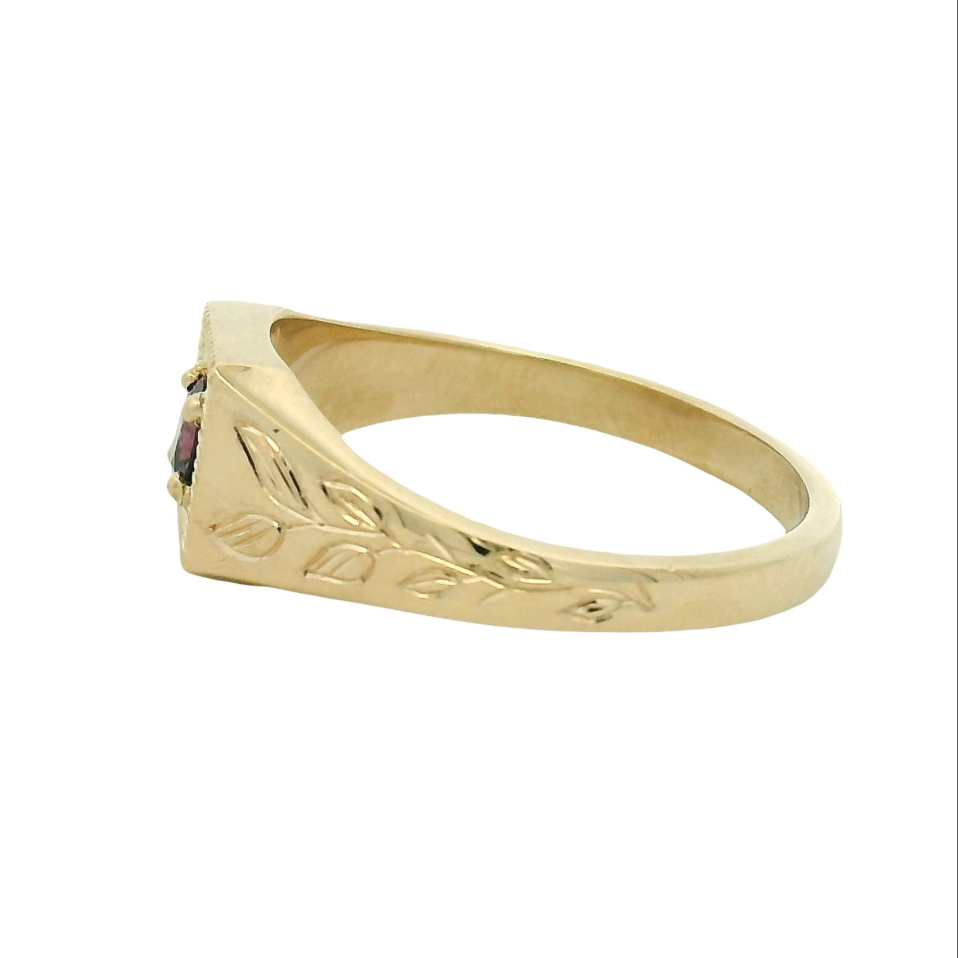 Yellow Gold Amethyst Signet Ring with Leaf Engraving