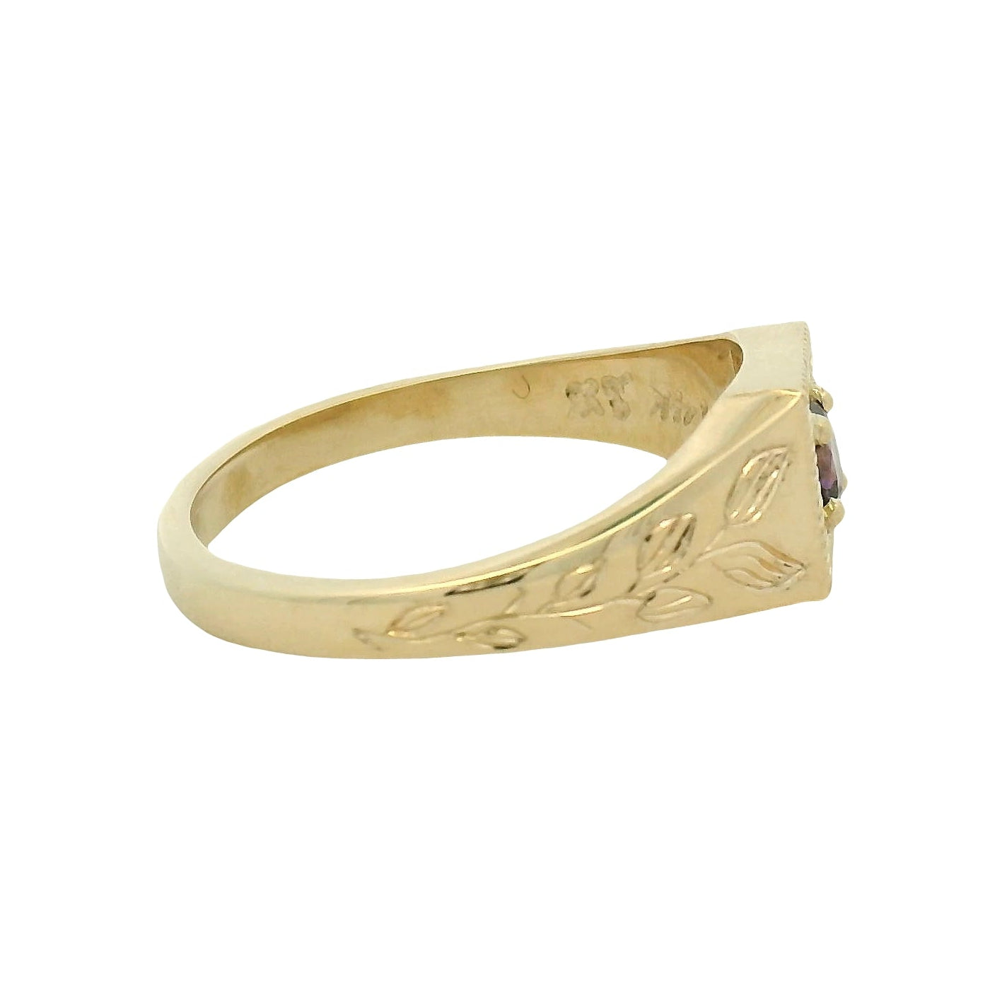 Yellow Gold Amethyst Signet Ring with Leaf Engraving