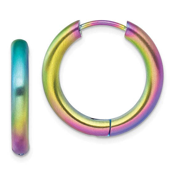Stainless Steel Brushed Rainbow IP-plated Hinged Hoop Earrings