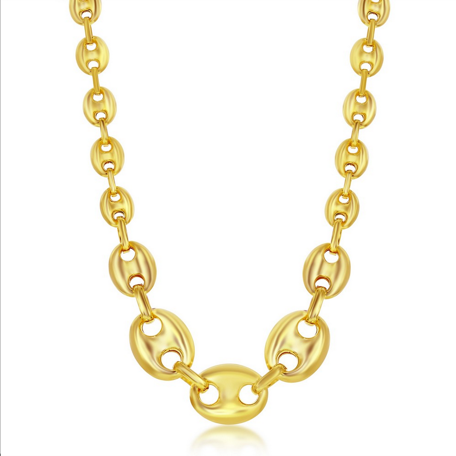 Sterling Silver Graduated Puffed Marina Necklace Gold Plated
