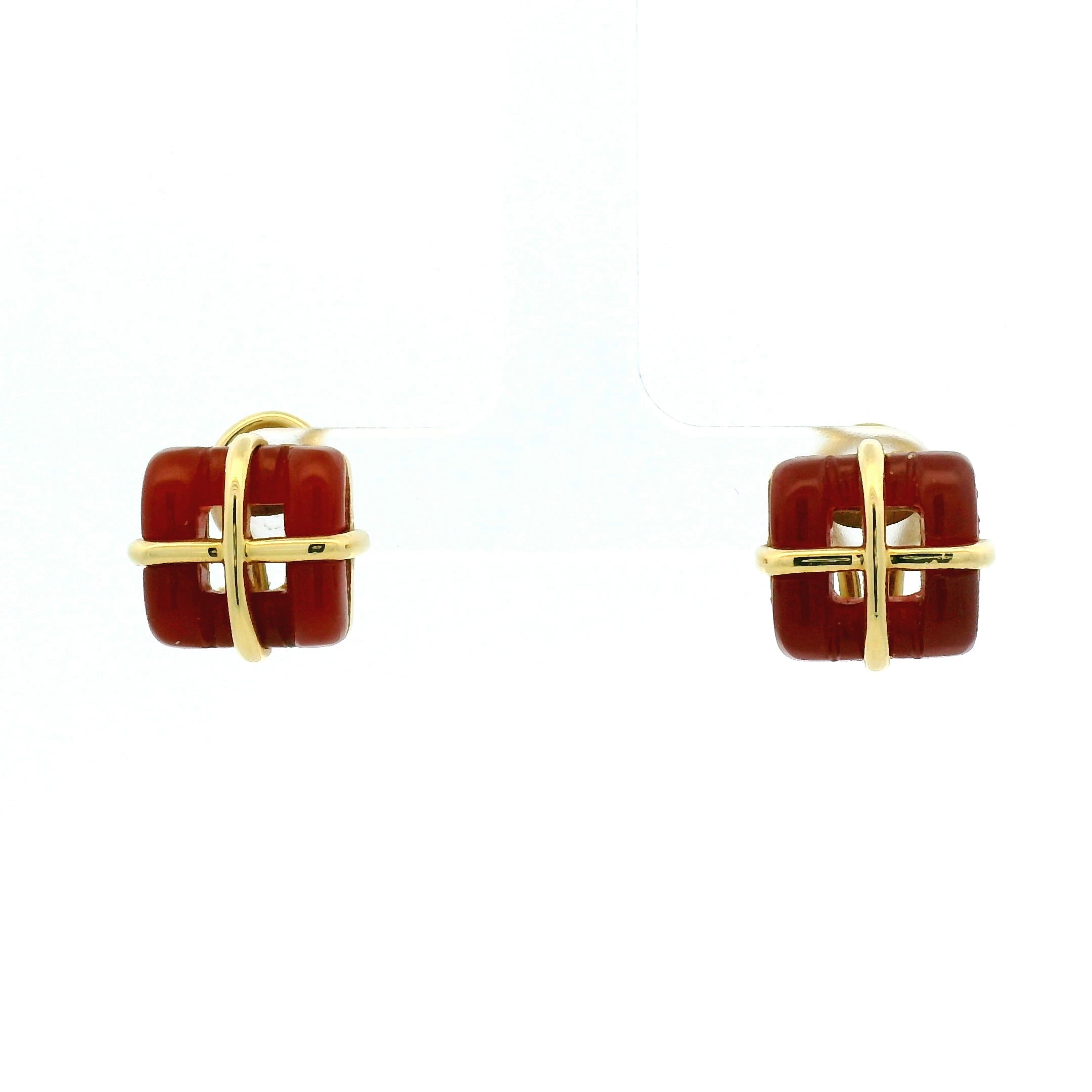 Yellow Gold Carved Square Agate Stud Earrings
