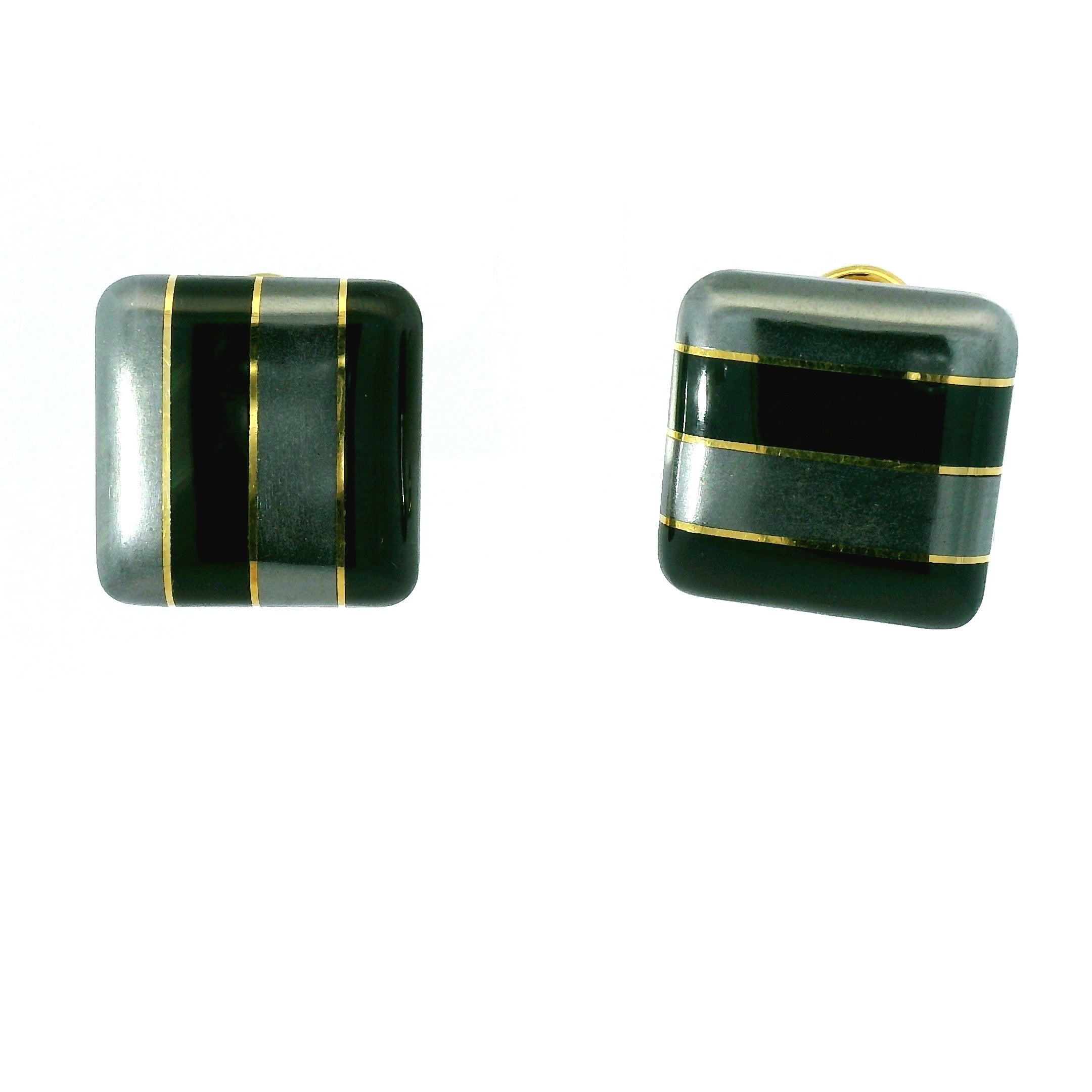 Square Striped Black and Grey Cufflinks with Gold-Tone Accents